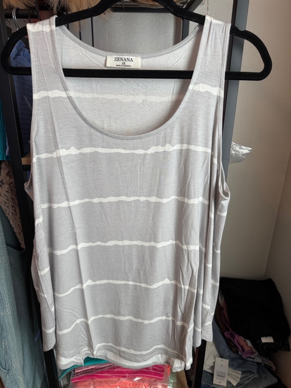 Zenana Outfitters Gray and White Striped Scoop Neck Tank